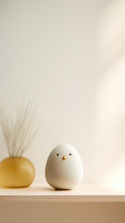 A white bird sitting on a shelf next to two vases, AIの素材