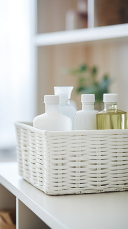 A basket with bottles of shampoo and conditioner, AIの素材