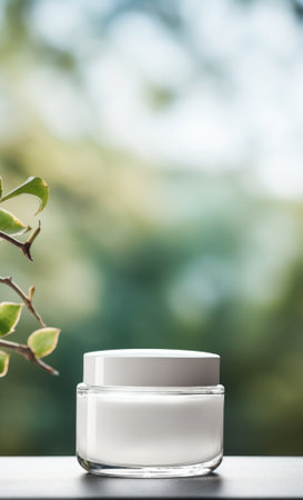 A jar of cream on a table with green plant, AIの素材