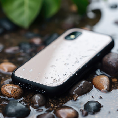 An cellphone case laying on a rock covered in water, AIの素材
