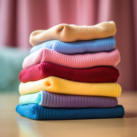 A stack of colorful knitted clothing on a wooden table, AIの素材