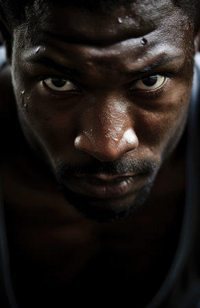 A man with a black face staring at the camera, AIの素材