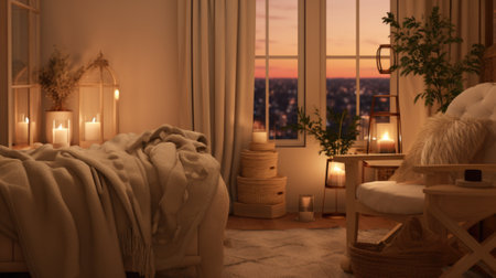 A bedroom with a chair, blanket and candle, AIの素材