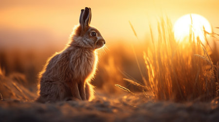 A rabbit sitting in the grass at sunset, AIの素材