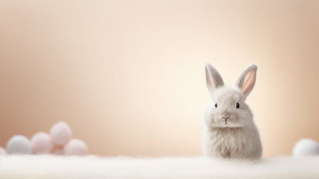 A white rabbit is sitting in front of a bunch of eggs, AIの素材