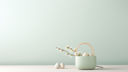 Easter eggs in basket with branch on table, AIの素材