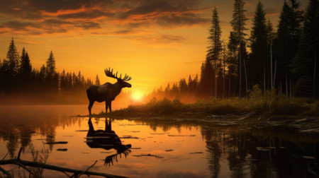 A deer stands in front of a lake at sunset, AIの素材