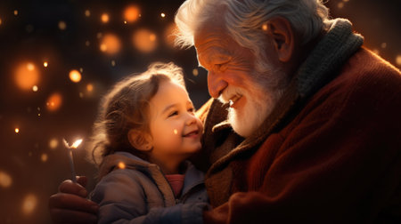 An old man and a little girl are smiling while holding candles, AIの素材