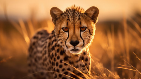 A cheetah is walking in the grass at sunset, AIの素材