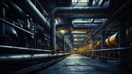 Industrial pipe lines and pipes in a factory, AIの素材
