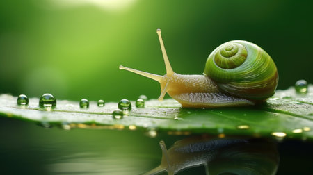 Snail on green leaf with water droplets, AIの素材