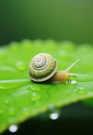 A snail is sitting on a green leaf with water droplets, AIの素材
