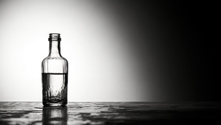 A black and white photo of a bottle with water in it, AIの素材