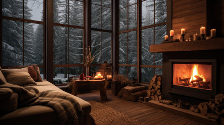 A fireplace in a living room with candles and snow, AIの素材