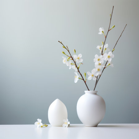 A white vase with a branch of cherry blossom and an egg, AIの素材