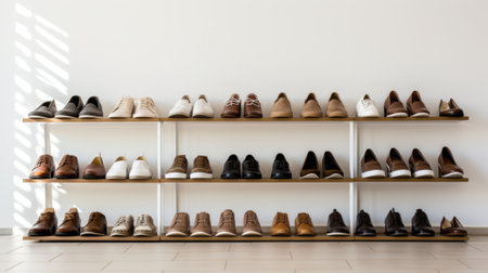 A row of shoes on a shelf in front of the wall, AIの素材