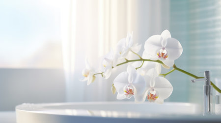 White orchid flowers in a bathroom sink, AIの素材