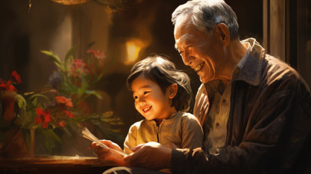 An old man and a young girl sitting in front of an open window, AIの素材