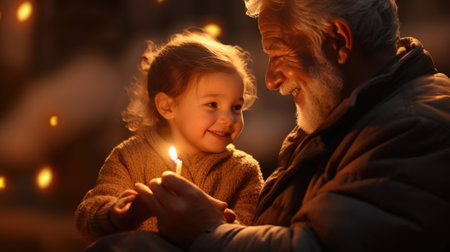 Grandfather and granddaughter with candle, AIの素材