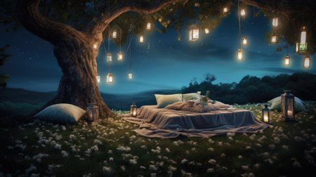 A bed under a tree with lanterns hanging from it, AIの素材