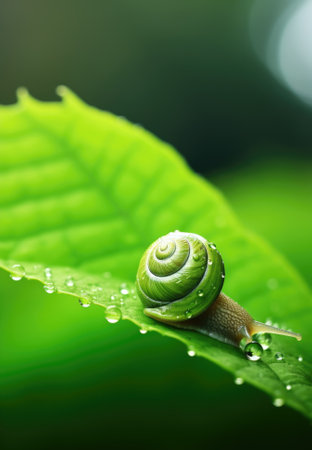 A snail is sitting on a green leaf, AIの素材