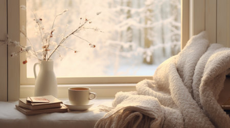 A blanket, cup and books on a window sill, AIの素材