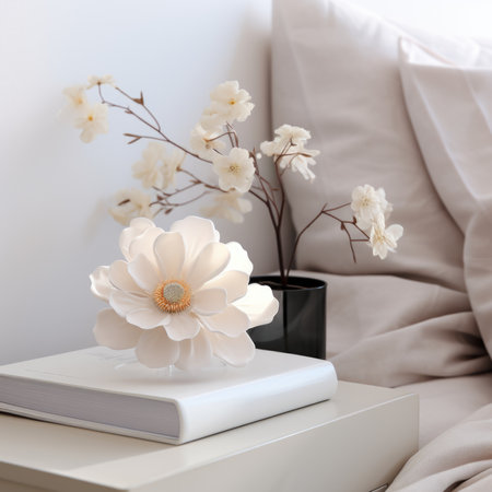 A white flower on a book and bedside table, AIの素材