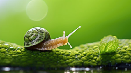A snail is crawling on top of a green leaf, AIの素材