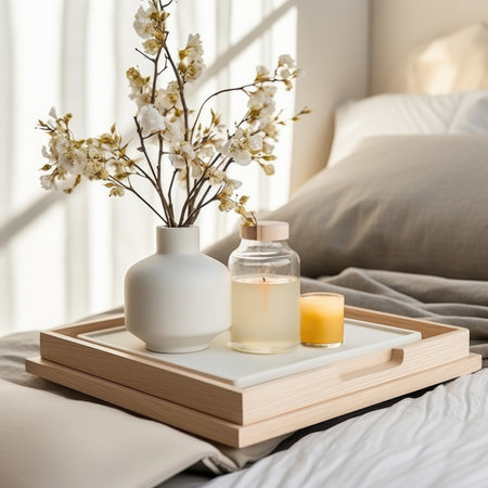 A tray with a vase of flowers and candles on the bed, AIの素材