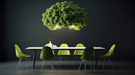 A dining table with green chairs and a large light fixture, AIの素材