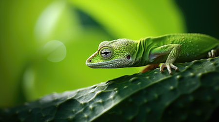 An image of a green lizard on top of some leaves, AIの素材