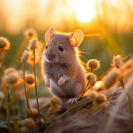 A mouse is standing in the grass with a sunset behind it, AIの素材