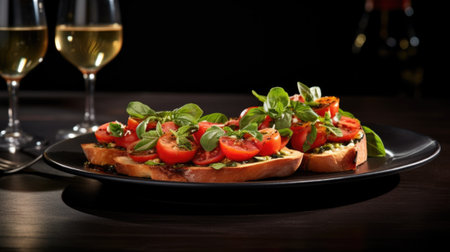 A plate with two slices of bread topped with tomatoes and herbs, AIの素材