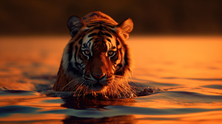 A tiger is walking through water at sunset, AIの素材