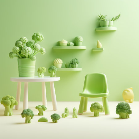 A green room with a table, chairs and plants, AIの素材