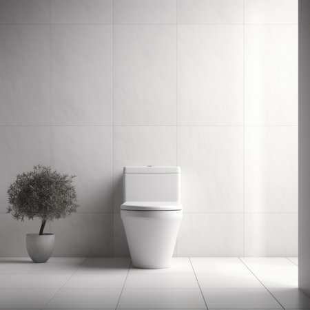 A white bathroom with a toilet and potted plant, AIの素材
