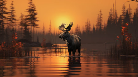 A moose is standing in a lake at sunset, AIの素材