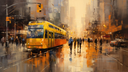 An oil painting of a yellow bus on the street, AIの素材
