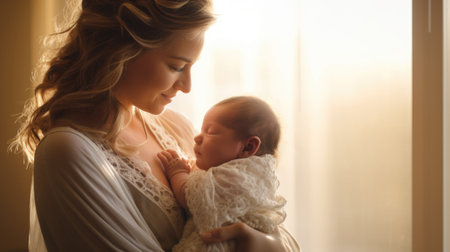 A woman holding her newborn baby in front of a window, AIの素材