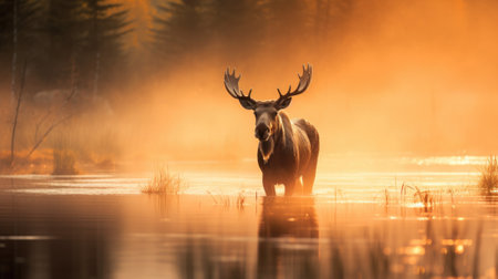 A moose is standing in a river at sunrise, AIの素材