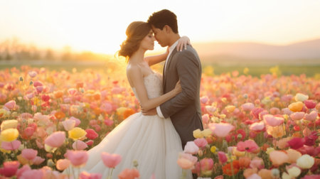 A bride and groom embrace in a field of flowers, AIの素材