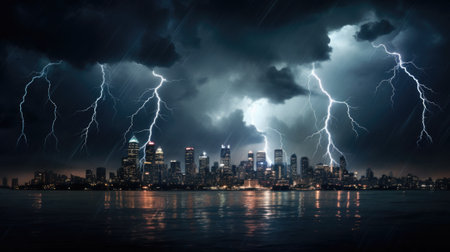 A city skyline with lightning and rain, AIの素材