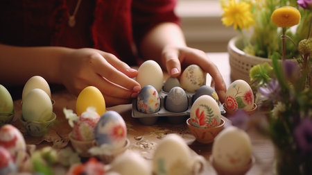 A woman is decorating easter eggs with flowers, AIの素材