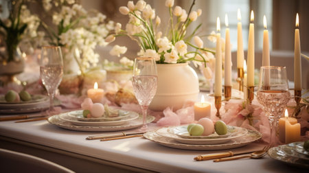 A table set for an easter dinner with candles and flowers, AIの素材
