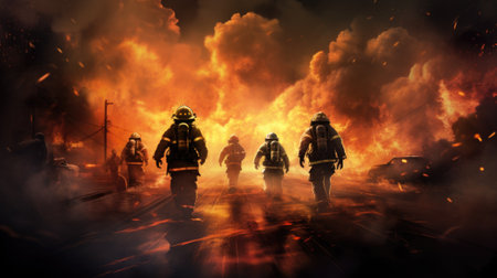 Firefighters walking through a fire in the background, AIの素材