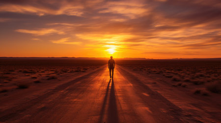 A person walking along a road at sunset, AIの素材