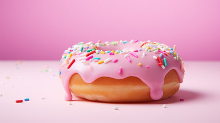 A donut with pink icing and sprinkles on a pink background, AIの素材