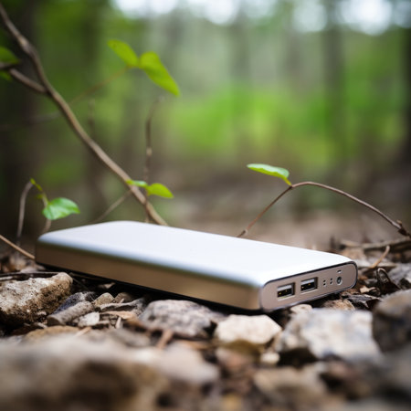 A silver power bank sitting on the ground in the woods, AIの素材