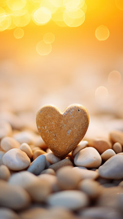 Heart on pebbles with golden light background, AIの素材