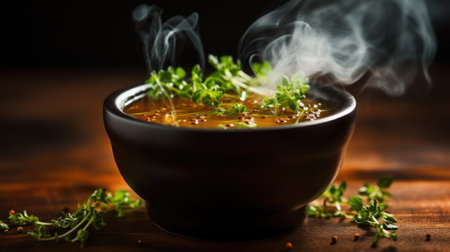 A bowl of soup with herbs and smoke, AIの素材